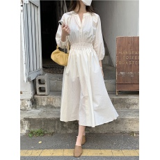 批发韩国chic优雅超仙时尚简约纯色V领收腰大摆<b class='q'>连衣裙</b>