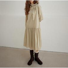 批发韩国清冷气质领结设计感长袖<b class='q'>中长</b>款<b class='q'>连衣裙</b>