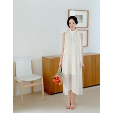 批发韩系气质度假风挂脖飘带慵懒无袖半高领显瘦遮肉背心<b class='q'>连衣裙</b>夏