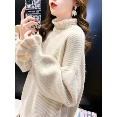 批发木耳边半高领针织衫毛衣女秋冬季日系复古<b class='q'>宽松</b>打底衫洋气加厚<b class='q'>上衣</b>