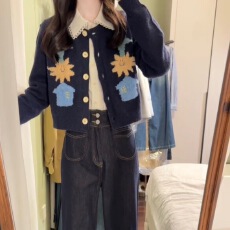 批发藏青色童趣涂鸦<b class='q'>针织</b><b class='q'>开衫</b>女秋季2025新款日系复古减龄软糯毛衣外套