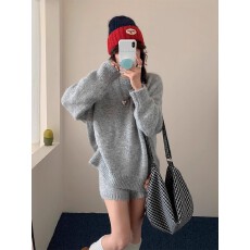 批发韩国chic秋季新款小众慵懒风宽松软糯长袖毛衣+高腰针织短<b class='q'>裤</b>套<b class='q'>装</b>