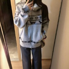 批发慵懒风费尔岛毛领连帽毛衣外套男女秋冬情侣装设计感宽松针织开衫