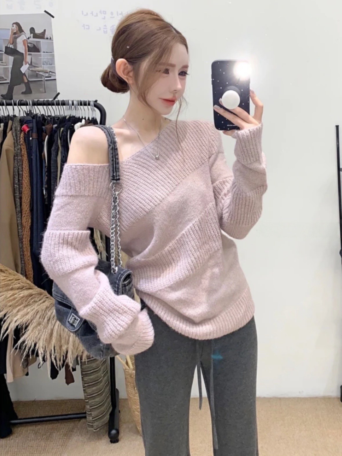 MY14246# 韩系chic气质斜肩套头毛衣女温柔风设计感时尚露肩针织衫...