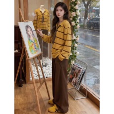 批发黄色POLO领条纹套头加厚毛衣秋冬宽松针织衫美式复古长袖上衣