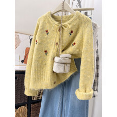 批发<b class='q'>马海毛</b>软糯毛衣<b class='q'>开衫</b>外套女早秋季韩系氛围感刺绣上衣慵懒风针织衫