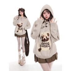 批发甜美<b class='q'>可爱</b>小熊提花连帽针织衫女秋冬新款慵懒设计感休闲超好看毛衣