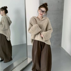 批发慵懒风宽松粗线连帽毛衣女秋冬老钱风穿搭松弛感针织衫中长款上衣