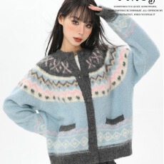 批发蓝色费尔岛针织毛衣外套女秋冬vintage日系慵懒加厚开衫冬季穿搭