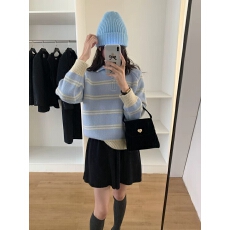 条纹Polo领半拉链软糯女秋冬新款百搭慵懒高级感宽松显瘦厚实上衣