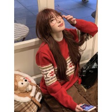 批发费尔岛红色圣诞毛衣女秋冬季2025新款慵懒高级感内搭外穿针织上衣