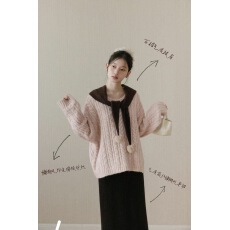 批发慵懒风粉色圆领针织<b class='q'>毛衣</b><b class='q'>女</b>冬季新款保暖套头披肩上衣