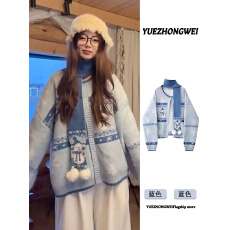 批发复古北欧风费尔岛超好看蓝色<b class='q'>毛衣</b><b class='q'>开衫</b><b class='q'>女</b>秋冬季加厚慵懒风针织外套