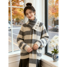 批发2025新款冬季围脖条纹<b class='q'>毛衣</b>上衣大码<b class='q'>女</b>装胖mm爆款宽松慵懒风针织衫