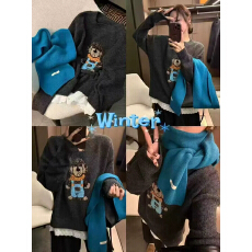 批发韩版卡通小熊蕾丝拼接圆领长袖针织衫女2025冬装新款套头宽松毛衣