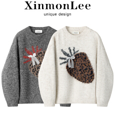 批发XinmonLee韩系圆领草莓提花毛衣<b class='q'>蕾丝</b>蝴蝶结秋冬慵懒百搭针织衫女