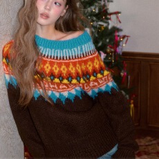 批发2025冬季新款原创设计甜酷风拉毛费尔岛<b class='q'>宽松</b>露肩毛衣女