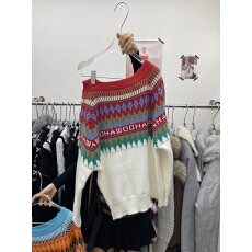 批发<b class='q'>韩国</b>东大门2025年秋冬新款撞色花纹一字肩斜肩气质百搭套头毛衣女