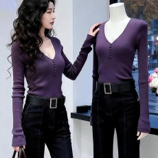 轻熟风紫色v领针织衫女装2025新款今年流行爆款打底衫内搭女上衣