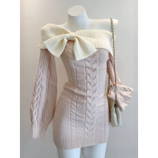 批发法式辣妹风蝴蝶结露肩针织<b class='q'>连衣裙</b>女秋冬新款收腰显瘦打底包臀裙子