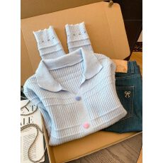 批发法式设计感彩色纽扣翻领针织衫女秋冬新款小个子减龄显瘦长袖毛衣