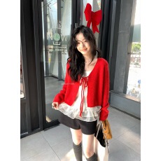 批发红色复古长袖针织开衫外套女秋冬2025新款系带软糯休闲小个子毛衣