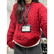 批发新年红色麻花毛衣女秋冬新款慵懒风宽松加厚针织上衣
