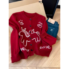 批发韩系卡通小马刺绣针织开衫2025冬季新款宽松红色保暖舒适长袖上衣