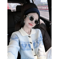 批发费尔岛风蓝色翻领牛角扣<b class='q'>毛衣</b>外套女秋冬2025新款圣诞穿搭针织开衫