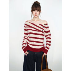 批发圣诞红色条纹一字肩露肩麻花<b class='q'>毛衣</b>女秋冬季宽松慵懒针织衫斜肩上衣