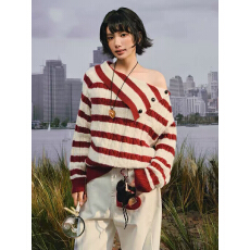 批发超好看宽松休闲连帽绞花仿貂条纹<b class='q'>毛衣</b>