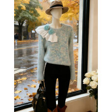 批发法式温柔风绿色立体花朵<b class='q'>毛衣</b>女2025秋冬新款轻奢<b class='q'>荷叶边</b>针织衫上衣