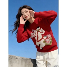 批发红色<b class='q'>圆领</b>小马提花毛衣女穿搭2026新款冬季慵懒高级感<b class='q'>针织</b>衫上衣潮