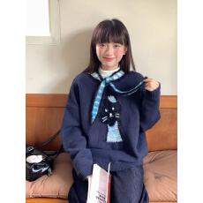 批发藏青色慵懒风猫咪毛衣女秋冬宽松复古针织套头<b class='q'>长袖</b>上衣