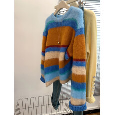 批发彩色条纹圆领<b class='q'>长袖</b>套头针织衫毛衣女2025新款慵懒风高级感软糯上衣