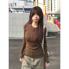 批发咖色亨利半开领长袖毛衣女秋<b class='q'>冬</b>美式修身韩系打底针织衫内搭短上衣