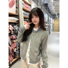 批发美式灰色条纹假两件长袖针织开衫毛衣女秋冬短款内搭打底外套上衣