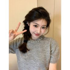 批发夏款miu系带钻毛衣短袖t恤女春夏季宽松马海毛<b class='q'>针织衫</b>百搭短款上衣