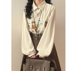 批发美式复古春秋趣味可爱猫咪刺绣<b class='q'>长袖</b><b class='q'>衬衫</b><b class='q'>男</b>女慵懒文艺休闲宽松<b class='q'>衬衣</b>