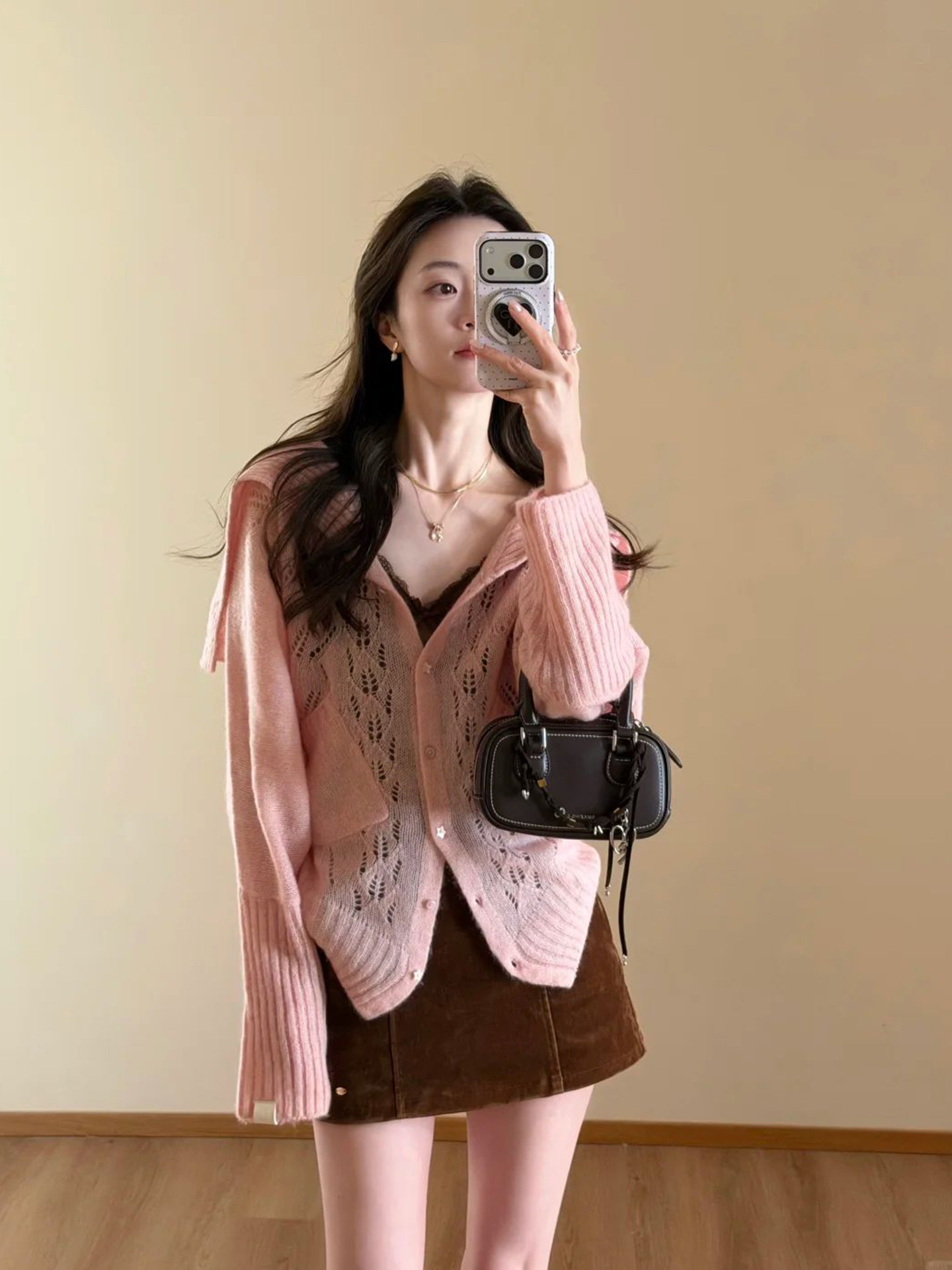 디자인 센스 폴로 칼라 홀로우 아웃 니트 오픈 가디건 봄 새로운 루즈핏 다용도 해군 칼라 스웨터