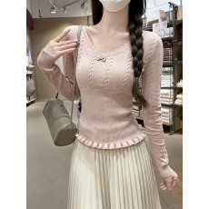 批发miu系蝴蝶结v领花边针织打底衫女秋<b class='q'>冬</b>2026内搭木耳边毛衣早春上衣