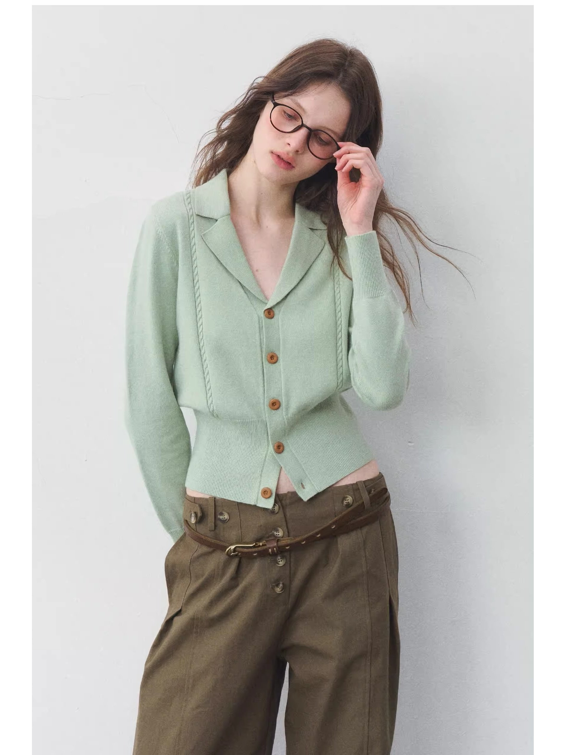 천헤 밍밍 참나무 버클 트위스트 꽃 니트 스웨터 오픈 가디건 정장 칼라 허리 수축 스웨터