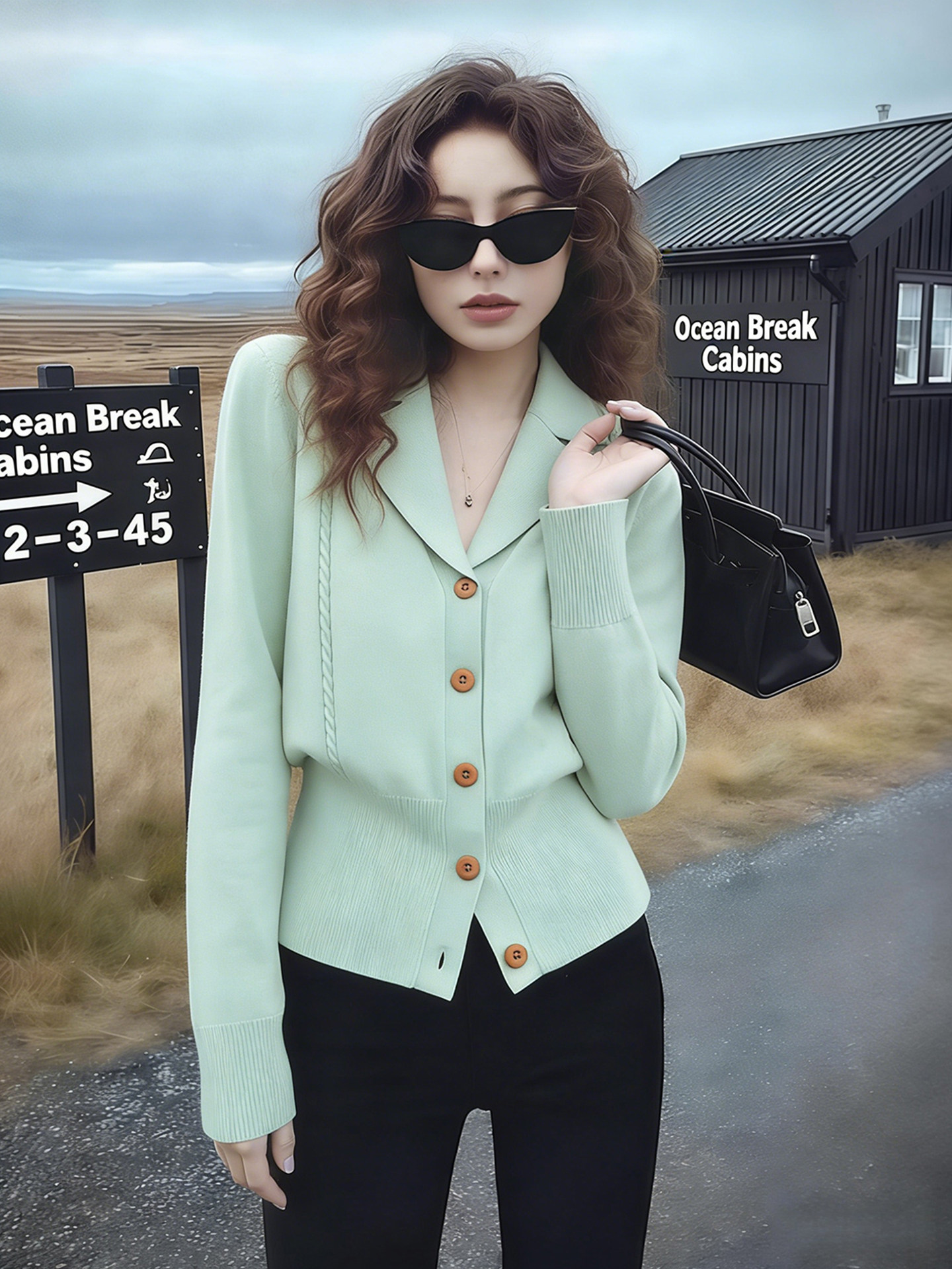 밝은 녹색 쿠바 칼라 허리 수축 긴팔 니트 오픈 가디건 2026 봄 한국 스타일 고유 한 아름다운 miu 첨부 된 의류 여성