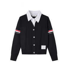 批发学院风翻领<b class='q'>针织</b><b class='q'>开衫</b>女撞色条纹假两件毛衣外套潮