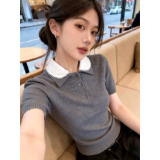 批发小个子减龄娃娃领短袖t恤女2026春夏新款气质显瘦灰色针织衫上衣
