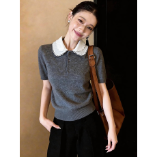 批发春季穿搭娃娃领灰色短袖针织衫女内搭外穿独特超好看上衣2026新款
