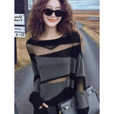 批发韩系氛围感撞色透视针织衫女春季新款高级感百搭显瘦套头毛衣上衣