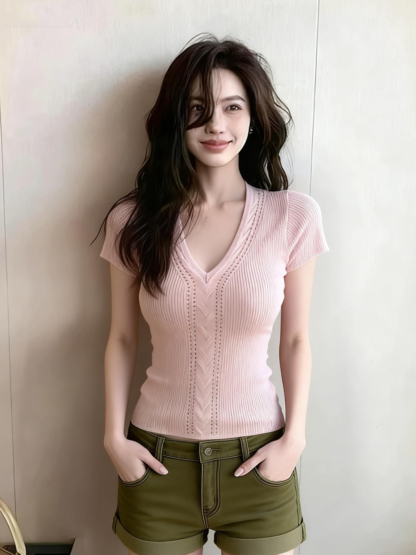 순수한 욕망 트위스트 꽃 홀로우 아웃 V넥 반팔 티셔츠 여성 여름 새로운 디자인 센스 몸매 가꾸기 슬림해 보이는 다용도 니트 맨위 트렌디