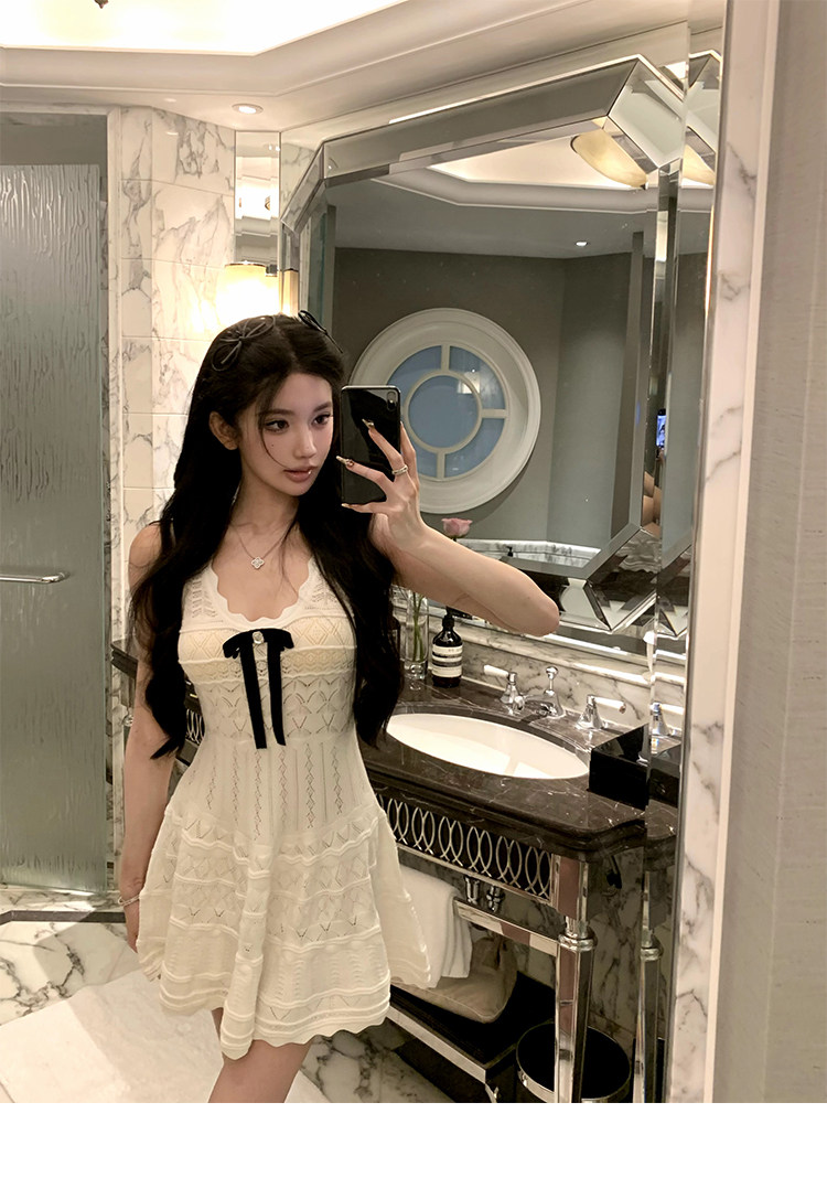 chill 화이트 니트 여성 드레스 봄 긴팔 miu 부서 천 골드 공주 드레스 생일 치마