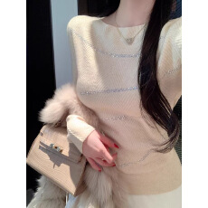 批发巨好看杏色细闪亮片长袖针织衫<b class='q'>女</b>秋冬修身高级感<b class='q'>毛衣</b>内搭打底上衣